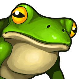 Close up of a cartoon ,moslty green, frog